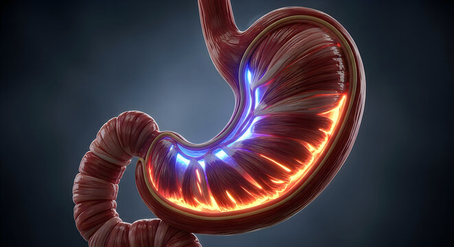 A detailed medical illustration of the human stomach and digestive system with highlighted internal structures