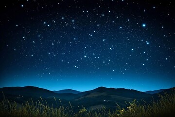 Naklejka premium Stunning View of a Vast Deep Blue Starry Night Sky Over Silhouetted Mountain Ridges and Meadowland
