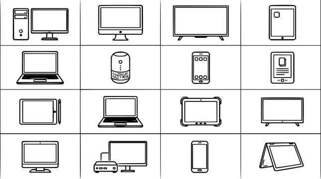 Electronic devices set with line art illustrations featuring desktop computer, monitor, television, tablet with smartphone and laptop