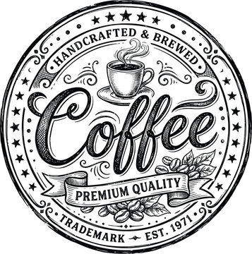 Vintage handcrafted coffee logo with steam cup and premium quality text