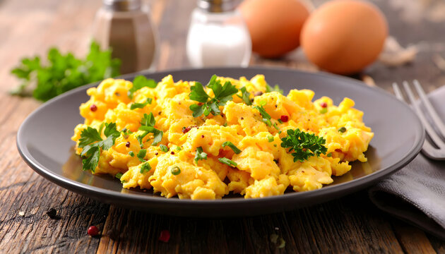 Scrambled eggs with fresh herbs, a delicious homemade breakfast served on a rustic plate.