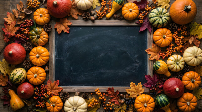 A bountiful and colorful thanksgiving still life featuring pumpkins gourds and autumn leaves surrounding a chalkboard