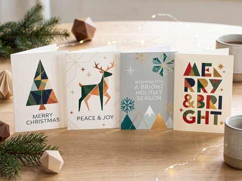A collection of modern minimalist Christmas greeting cards displayed on a wooden table with festive decorations.