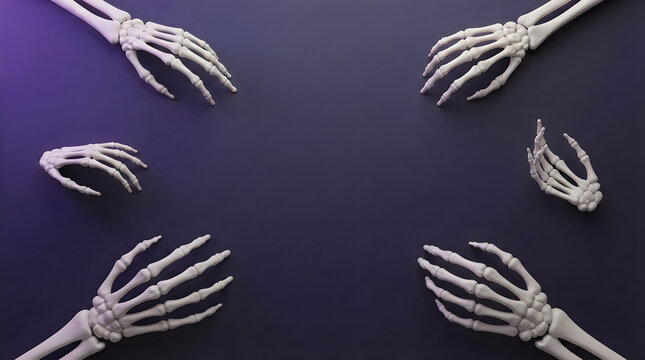 Four skeleton hands arranged in a purple gradient background