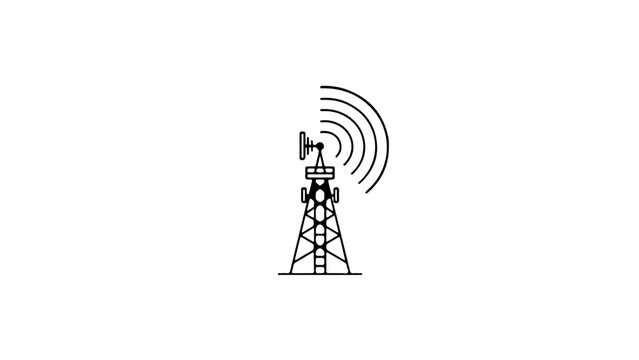 Cell tower emitting radio waves with signal lines extending outward in minimalist black and white style.