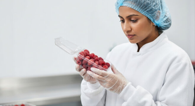 Female worker in sterile gear inspecting a container of fresh raspberries.