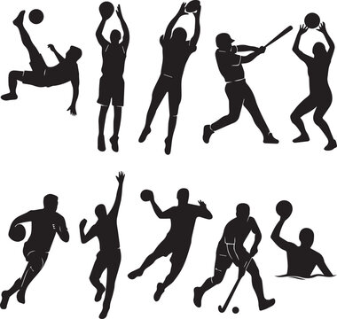 Silhouetted athletes playing ball sport in dynamic action scene
