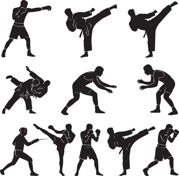 Silhouettes of Athletes Engaged in Combat Sports Training