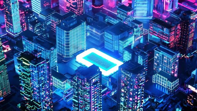 Bright buildings create a digital cityscape with vibrant neon colors and illuminated pathways at night