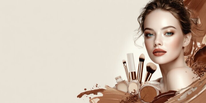 Woman with makeup brushes and cosmetic products studio background copy space