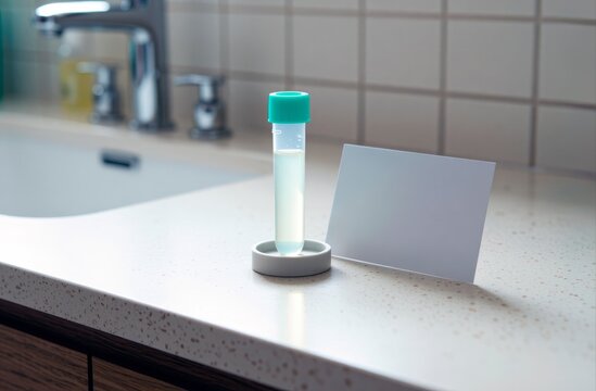 Test tube with pale liquid standing on a bathroom countertop beside a blank card. Space for text.