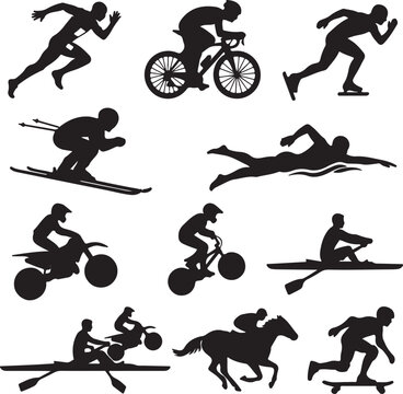 Silhouettes of Racing Sports Athletes in Action at Sunset