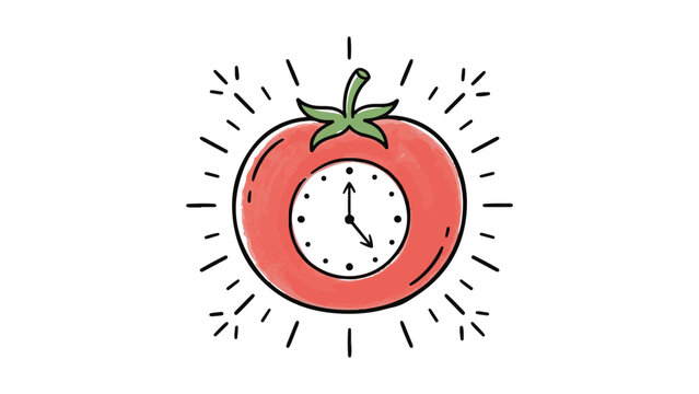 Clock embedded in a red tomato with radiating clock hands for time management or productivity concept art.