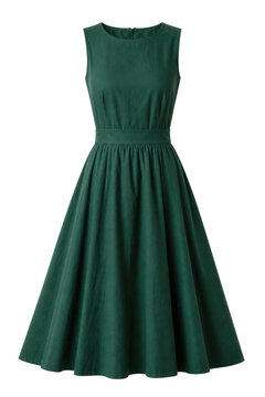 Elegant dark green sleeveless midi dress with a round neckline and a wide pleated skirt, isolated on a white background