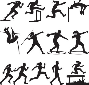Silhouetted Track and Field Athletes Running on Stadium Track