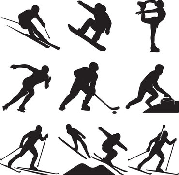 Silhouettes of Winter Sports Enthusiasts Skiing and Snowboarding at Sunset