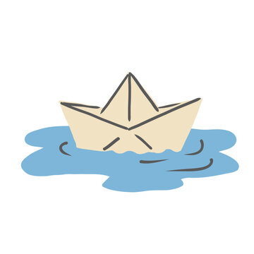 Hand drawn paper boat floating in water vector illustration isolated on white background.