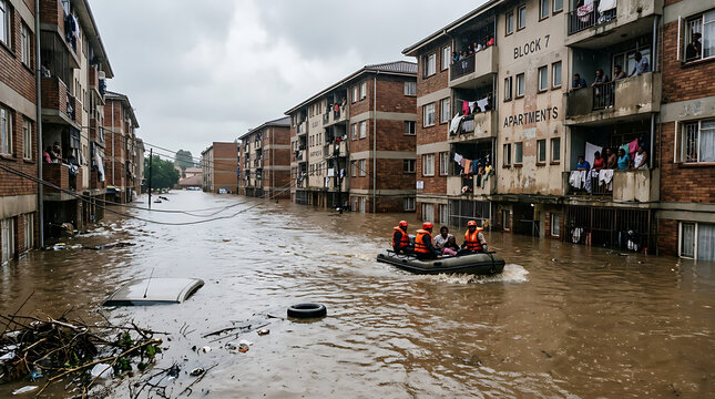 Rescue workers navigate flooded city street in inflatable boat during disaster.