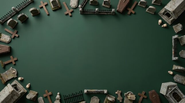 Halloween graveyard border with miniature tombstones and crosses on dark green background
