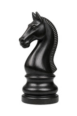 Classic dark wooden chess knight piece stands elegantly in a studio shot, isolated on a clean white background © Chinases