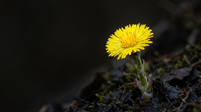 yellow coltsfoot flower blooming dark background macro  yellow coltsfoot Tussilago farfara blooming flower dark background macro shot yellow petals flower bloom moody background botanical