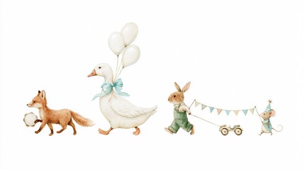 Fototapeta premium Minimalist watercolor horizontal sequence of four walking animals on solid white background, red fox with tambourine, bow‑adorned goose duck with helium balloons, rabbit in patterned overalls with par