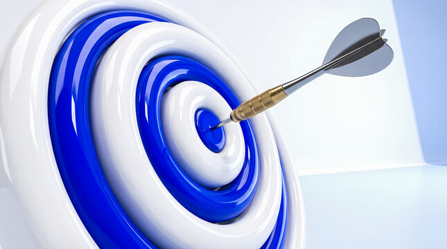 Metal dart hitting center bullseye of glossy blue white circular target board sitting isolated against light background showing precision throwing skill perfectly
