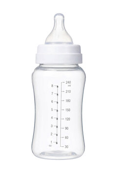 Clear plastic baby bottle with a white cap and silicone nipple, featuring measurement markings in ounces and milliliters, isolated on a clean white background