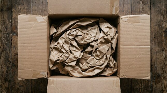 Open cardboard box filled with crumpled brown protective packing paper on a wooden surface shipping box delivery box package opening box filler unboxing
