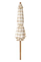 Neatly folded beige and white striped patio umbrella with a wooden pole, tied with a rope, stands upright on a clean white background © Chinases