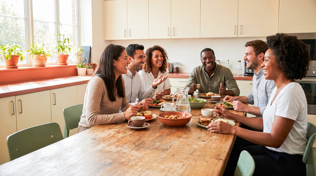 Diverse group friends sitting around large wooden table eating healthy dinner meal together inside sunny domestic kitchen while laughing enjoying social gathering