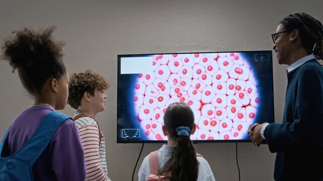 African American male educator explaining microscopic cell structure on screen to multiethnic children in science museum. Footage ideal for STEM education and school field trip promotions