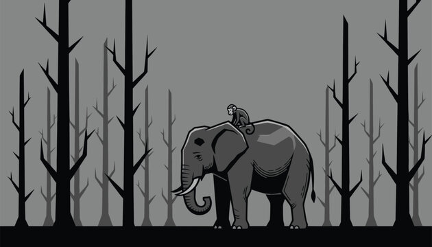 Cute monkey riding on the back of a large elephant walking through a dry monochrome forest with bare trees.