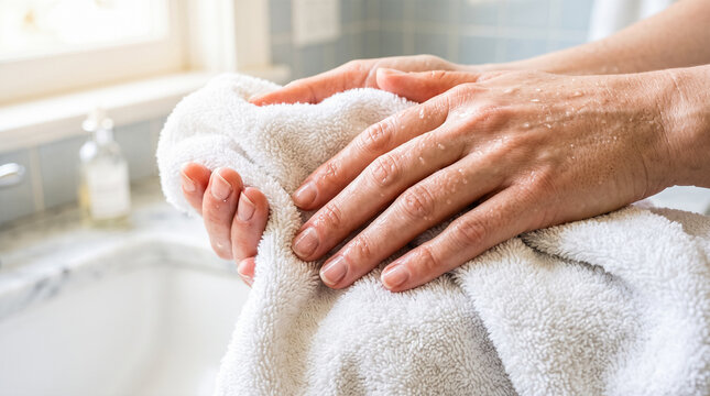 Close up female hands dripping wet water drops drying skin using thick white cotton towel above bathroom sink morning routine