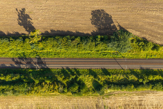 Aerial view of railway tracks cutting through lush green vegetation and agricultural fields with long tree shadows in Tczew, Pomeranian Voivodeship, Poland.