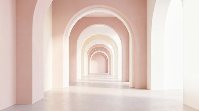 Repeating pastel pink arches forming long elegant corridor stretching across empty concrete floor inside modern architectural geometric interior design