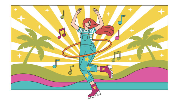 Energetic young woman dancing with a hula hoop on a retro style beach background with sun rays, palm trees, and music notes.
