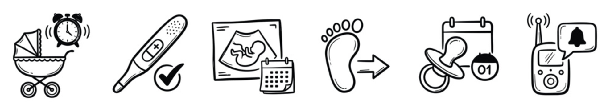 Set of pregnancy and newborn baby icons. Maternity, birth, childcare, parenthood symbols. Handdrawn doodle style for app, mobile, print design.