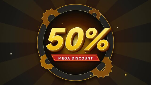 Golden fifty percent mega discount badge with steampunk gears and dark radial stripe background for promotional sale vector illustration