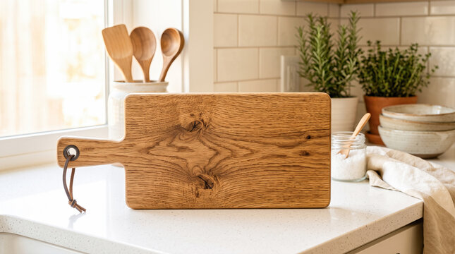 Blank rectangular wooden cutting board resting across clean white stone countertop inside bright domestic kitchen surrounded by cooking utensils plants