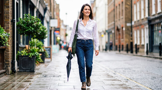 Smiling young brunette woman carrying closed black umbrella walking down wet paved sidewalk wearing blue denim jeans white shirt outside