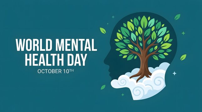 World mental health day concept illustration featuring a human head silhouette with a growing tree inside it