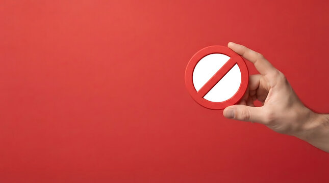 Man's hand holding a red forbidden sign symbol on a solid red background with copy space. Blocked access, ban, and restriction concept.