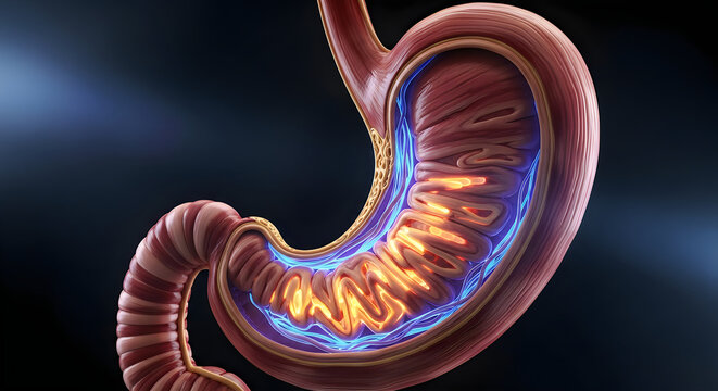 Detailed anatomical illustration of the human stomach and digestive system