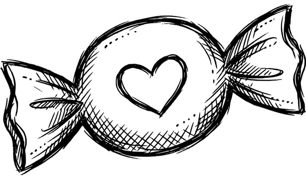 Wrapped sweet candy with heart symbol in black and white doodle art style confectionery illustration monochrome isolated valentines delicious packaging creative celebration