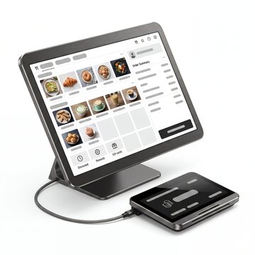 Point of Sale Tablet Displaying Food Menu with Card Reader on White Desk