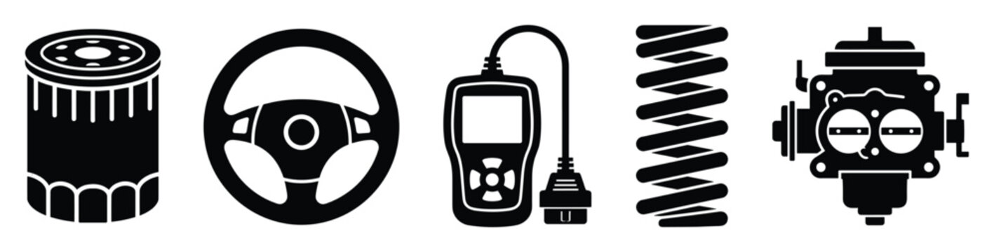 Set of automotive icons. Car service, repair, maintenance parts. Oil filter, steering wheel, diagnostic scanner, suspension spring, carburetor symbols. Vehicle engineering glyphs.