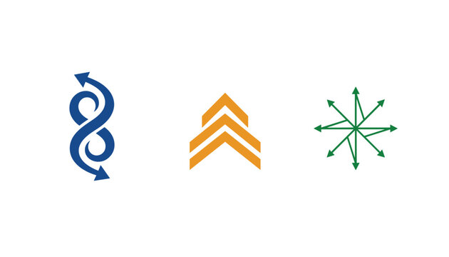 Three distinct geometric logos including a blue infinity arrow, an orange chevron emblem, and a green multi directional compass.