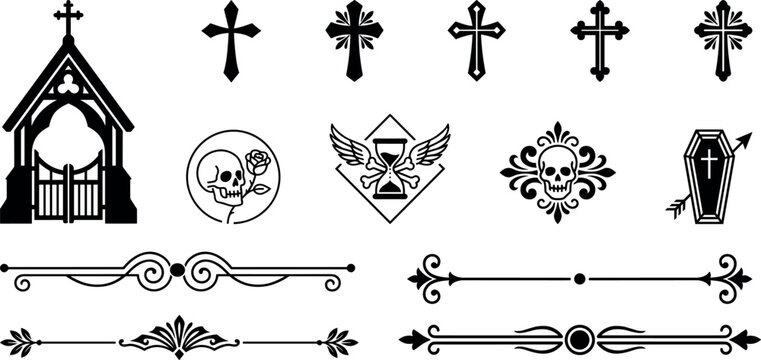 Spooky graveyard elements and decorative borders featuring church gate, winged hourglass and skulls.