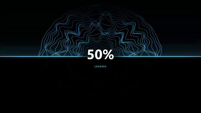 Abstract digital loading bar showing fifty percent progress with blue wave patterns.